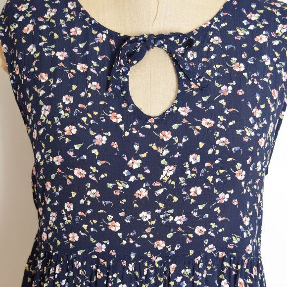 vintage 90s babydoll dress Ecote navy floral print grunge crinkle rayon mini S M - Picture 3 of 8